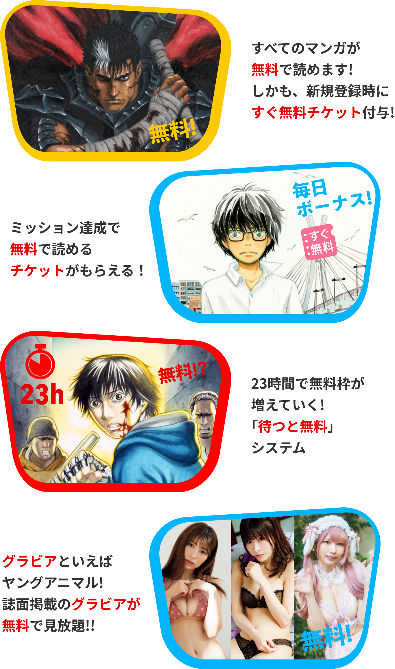 すべてのマンガが無料で読めます! しかも、新規登録時に100コイン付与!毎日30コインのログインボーナスポイント!!23時間で無料枠が増えていく!｢待てば無料」システム。グラビアといえばヤングアニマル!誌面掲載のグラビアが無料で見放題!!